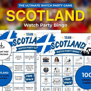 Könnte beinhalten: Ein Schottland Watch Party Bingo-Spielset mit zwei weißen Papierkarten, blauen Grafiken, Text und fußballbezogenen Illustrationen. Die Karten enthalten ein Raster mit verschiedenen Spielszenarien, ein freies Feld und den Titel Team Scotland Watch Party Bingo.