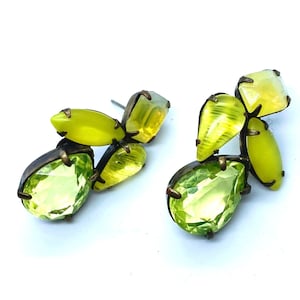 Vintage Uranium/Mercury  glass stones set in antique finish brass Earrings - 010