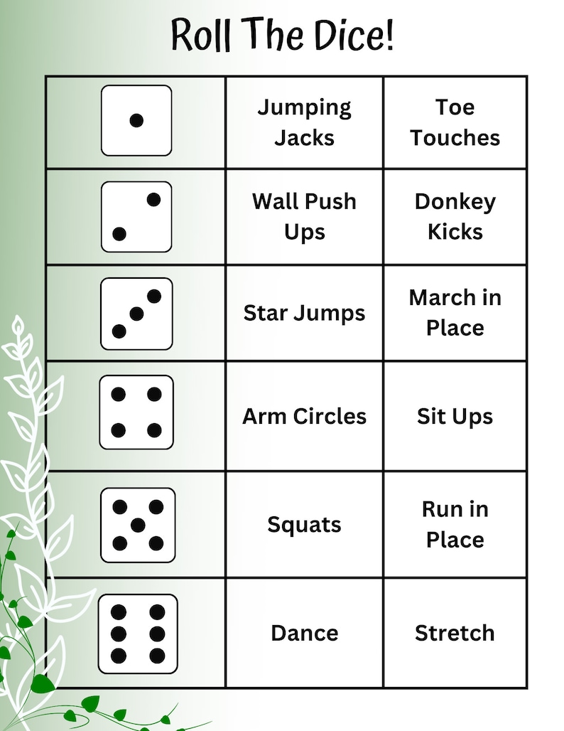 May include: A green and white chart with the text "Roll The Dice!" at the top. The chart has six rows with a die and a corresponding exercise listed in each row. The exercises include jumping jacks, toe touches, wall push ups, donkey kicks, star jumps, march in place, arm circles, sit ups, squats, run in place, dance, and stretch.