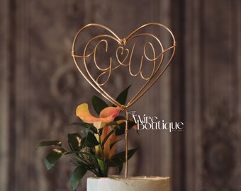 Heart wedding cake topper, personalised, wire, initials, Mr Mrs Decoration, Anniversary, Gold Silver Copper Decor, Rustic, Boho, Engagement