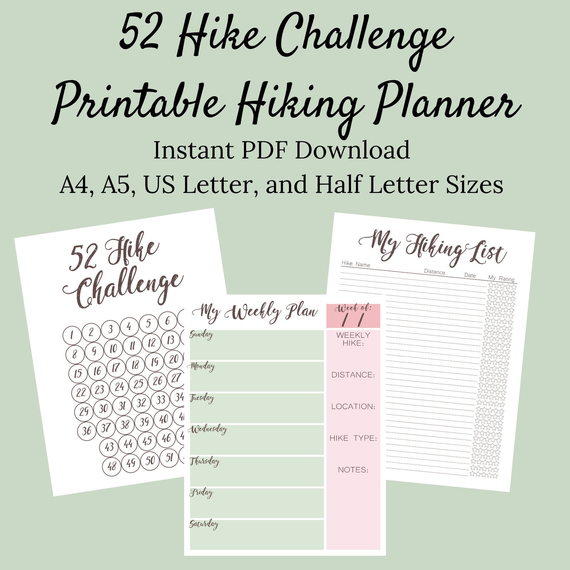 Printable Hiking Planner 52 Hike Challenge A5 A4 US Etsy