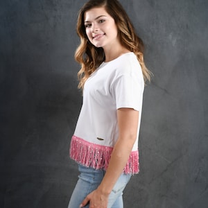 Designer Crop Tee With Pink Fringe String