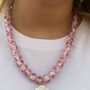 12mm Pink Rose Faceted Bead Necklace and earrings - Fashion Necklace - Rose Necklace -