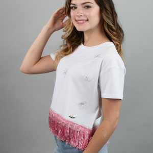 Designer Crop Tee With Pink Fringe String and Silver