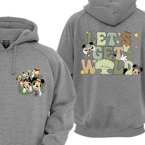 May include: Gray hooded sweatshirt with a graphic of Mickey Mouse and friends on the front and the text "Let's Get Wild" on the back.