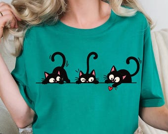 Cute Black Cat Shirt, Funny Peeking Cats Graphic Tee, Minimalist Cat Lover T-Shirt, Playful Kitty Top, Halloween Cat Gift For Women