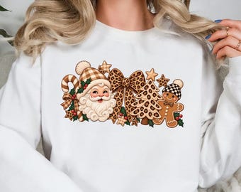 Leopard Christmas Sweatshirt, Retro Santa Holiday Crewneck, Gingerbread Christmas Shirt, Coquette Bow Winter Pullover, Festive Gift For Her