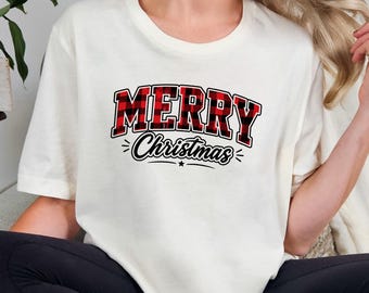 Merry Christmas Shirt, Plaid Holiday Graphic Tee, Retro Christmas T Shirt, Cozy Festive Top, Vintage Inspired Xmas Gift For Women