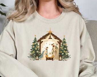 Nativity Christmas Shirt, Jesus Manger Scene Tee, Christian Holiday T Shirt, Bethlehem Christmas Top, Faith Based Gift For Women