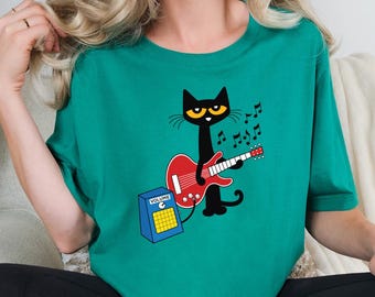 Pete the Cat Playing Guitar Shirt, Cute Cartoon Character Tee, Childhood Memories Graphic T-Shirt, Book Character Kids Teacher Gift Tee
