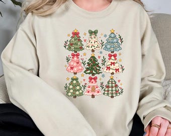 Pastel Christmas Tree Sweatshirt, Cute Coquette Holiday Graphic Pullover, Festive Pink Blue Bow Winter Crewneck Gift For Women