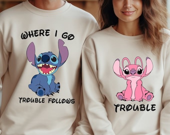 Disney Stitch Couple Sweatshirt, Angel T-shirt, Where I Go Trouble - Main Image