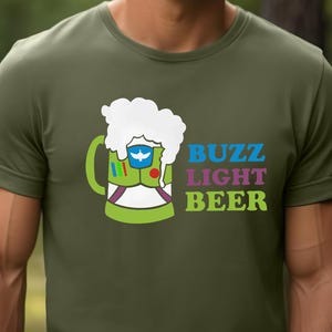 May include: A green t-shirt featuring a cartoon image of a beer stein with the text "Buzz Light Beer" in colourful letters.