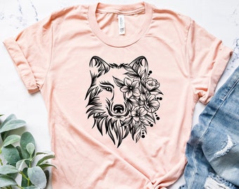 T-shirt de loup botanique-T-shirt de loup de fleur-Tee-shirt d’animal sauvage-Chemise de lune de loup-Chemise d’anniversaire de loup-Tee graphique de loup
