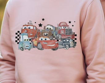 Checkered Retro Cars Shirt, Disney Cars Sweatshirt, Cars Matching T-Shirt, Cars Friend Tee, Disney Trip Gift, Retro McQueen and Friends Tee