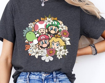 Camisa floral de personajes de Mario, sudadera de la princesa Peach Mario, camiseta Flower Super, camiseta de Super Mario, regalo de cumpleaños de la princesa Mario Squad