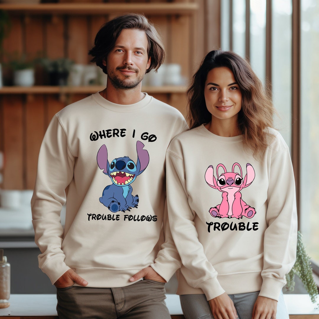 Disney Stitch Couple Sweatshirt, Angel T-shirt, Where I Go Trouble Shirt,  Cute Stitch Angel Tee, Family Stitch Tee, Disney Vacation Gift