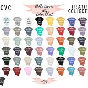 May include: A Bella Canvas 3001 Heather Collection color chart displaying numerous t-shirt icons in various shades. Each icon is labeled with its specific color name, including options like heather prism lilac, solid white, black, and many others.