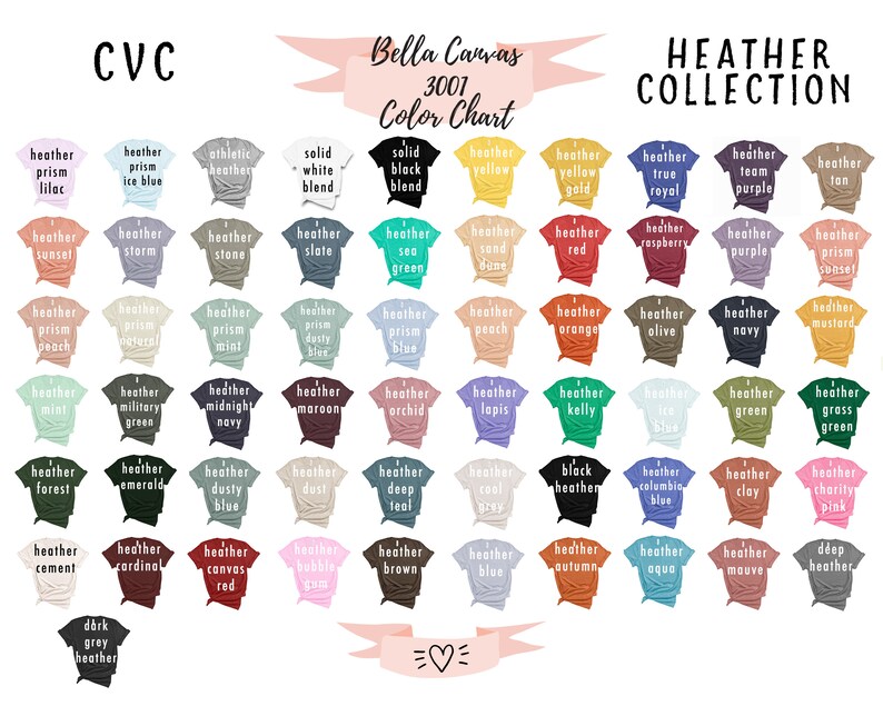 May include: A Bella Canvas 3001 Heather Collection color chart displaying numerous t-shirt icons in various shades. Each icon is labeled with its specific color name, including options like heather prism lilac, solid white, black, and many others.