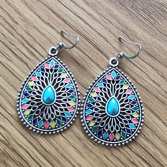 Boho Dangle Earrings: Antique Silver Plated Ethnic Jewelry