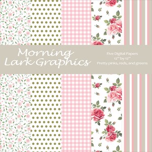 5-Piece Pink posies, rose digital paper pack, 12 X 12, 300 dpi for scrapbooking, cards and other paper crafts