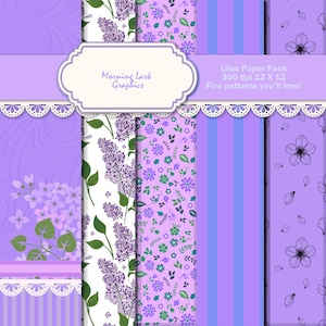 5 Piece Lilac, Lavender, Ditsy, Flower, Petal, Floral Digital Paper Pack 12 by 12 300 DPI