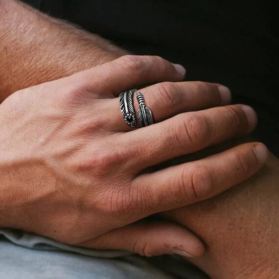 Boho Retro Feather Ring angel Wing adjustable Ring silver Feather