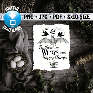 Feathers & Wings Digital Download, Dragon, Bat, Bird Printable Graphic, PNG, JPG, PDF,