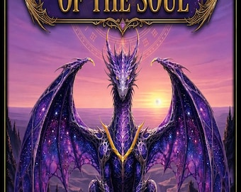 May include: A deck of Guardians of the Soul cards featuring a purple dragon with galaxy-patterned wings perched on a cliff at sunset. The box displays the text 'NEW BIGGER SIZE! 2.75 x 4.75', 'GUARDIANS OF THE SOUL', 'PHOENIX AND PEACOCK', and 'Created by Kimberly Betz'.
