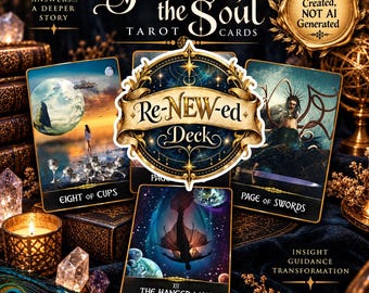 May include: A deck of Journey of the Soul tarot cards featuring the Re-NEW-ed Deck title. The cards display illustrations including the Eight of Cups, Page of Swords, and The Hanged Man. Text on the cards includes More Than Answers, A Deeper Story, and Organically Created, Not AI Generated.