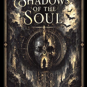 May include: A rectangular book cover titled Shadows of the Soul in gold lettering. The artwork features a dark, textured landscape with a central circular portal containing a human face and a silhouette figure. Bats fly in the upper right corner.
