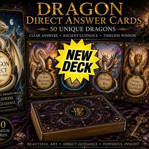May include: A deck of 50 Dragon Direct Answer Cards featuring gold-trimmed edges and ornate purple backs. The box and individual cards display detailed dragon illustrations, text including 'Dragon Direct Answer Cards', and a yellow 'NEW DECK' star.