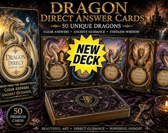 May include: A deck of 50 Dragon Direct Answer Cards featuring gold-trimmed edges and ornate purple backs. The box and individual cards display detailed dragon illustrations, text including 'Dragon Direct Answer Cards', and a yellow 'NEW DECK' star.