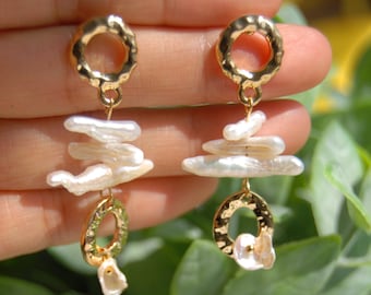 Gold plated ring with long stick pearl dangle Earrings, petal freshwater pearl tassel earrings ,Long Pearl Earrings, bridal pearl Earrings