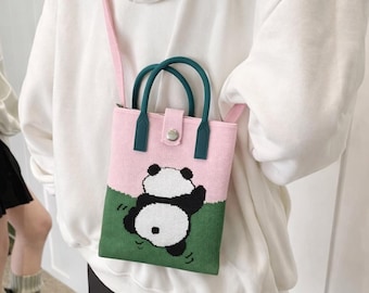 Panda Knit Tote Bag, Textured Mini Crossbody, Two-Way Shoulder Style