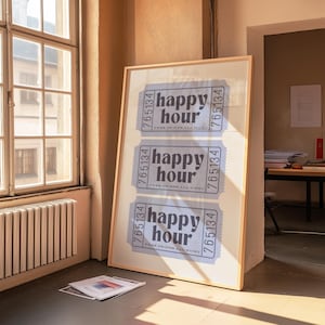 Happy Hour Ticket Print Trend Bar Warenkorb Wand Kunst Blau Retro Cocktail Poster Printable Home Decor