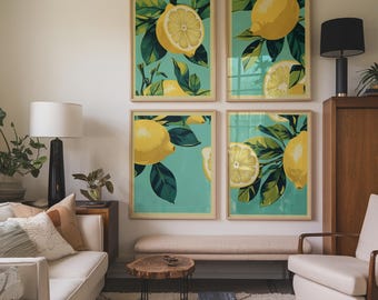 Set of 4 Lemon Prints Simple Fruit Decor Yellow Italian Summer Aesthetic Bright Kitchen Wall Art Cute Lemon Poster Printable