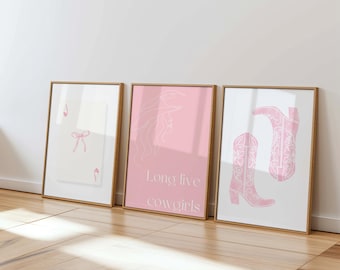 Long Live Cowgirls Print Set of 3 Ace of Heart Pink Bow Wall Art Cowboy boots Western Home Decor Digital Download