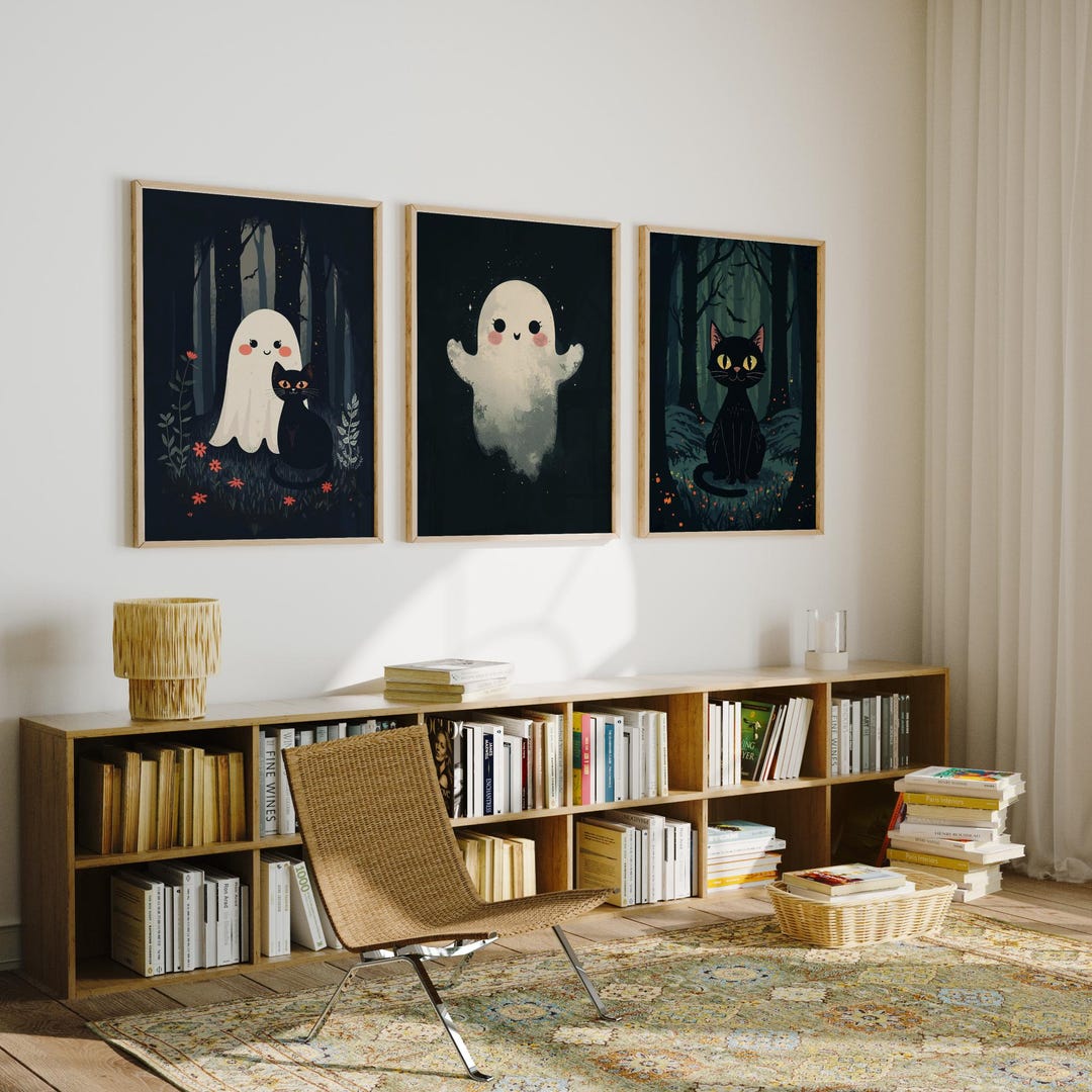 Cute Ghost and Black Cat Wall Art Set of 3 Printable Halloween Decor ...