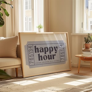 Modern Happy Hour Ticket Print Trendy Blue and Beige Cocktail Art Horizontal Kitchen Bar Poster Home Decor Printable