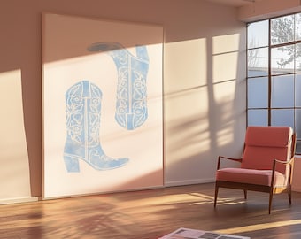 Blauwe cowboylaarzen print kunst retro westelijke muur decor schattige cowgirl blauwe afdrukbare zuidelijke huis esthetiek decor