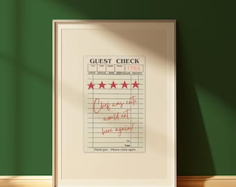 Könnte beinhalten: Ein Gastcheck im Vintage-Stil mit einer Fünf-Sterne-Bewertung und der handschriftlichen Nachricht "Chef was cute would eat here again!" Der Scheck trägt oben den Text "GUEST CHECK" und "17956".