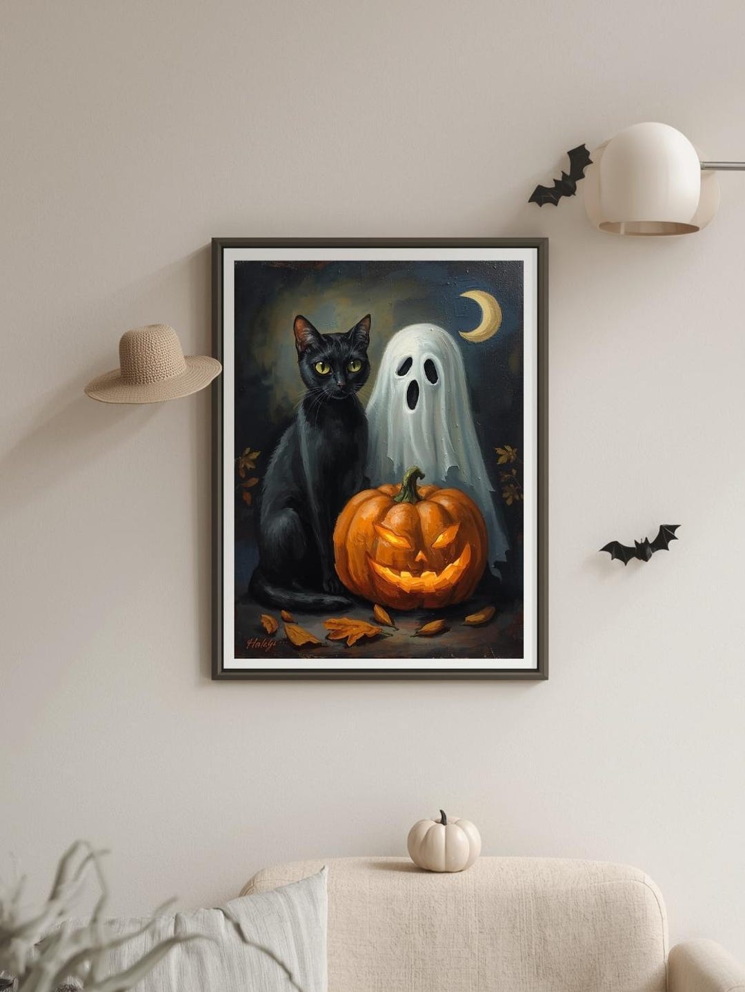 Cute Ghost and Black Cat Halloween Print Dark Forest Wall Art Printable ...