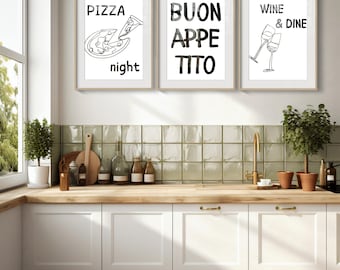 Set of 3 Print Trendy Italian Food Print Buon Appetito Poster Retro Wine Poster Pizza Night Food Print Bar Cart Art Kitchen Print