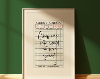 Chef Was Cute Would Eat Here Again Trendy Guest Check Wall Art Black Ink Funny Kitchen Decor Bar Cart Print Digital Download