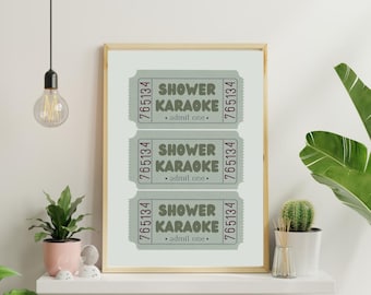 Shower Karaoke Ticket Print Quirky Sage Green Bathroom Wall Art Funny Retro Aesthetic Decor Trendy Printable Art