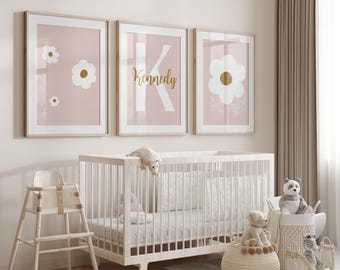 Daisy Wall Art Set of 3 Prints Personalized Name Nursery Decor Floral Printable Art for Girls Room