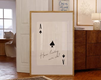 Póster "Qué suerte tenemos", impresión de as de picas, arte de pared de naipes retro, tipografía de moda, impresión digital