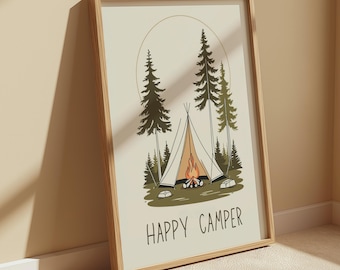 Happy Campers Retro Camping Print Kids Room Cabin Decor Digital Download