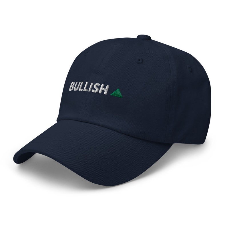 May include: A navy blue baseball cap with the word "BULLISH" embroidered in white with a green upward pointing triangle.